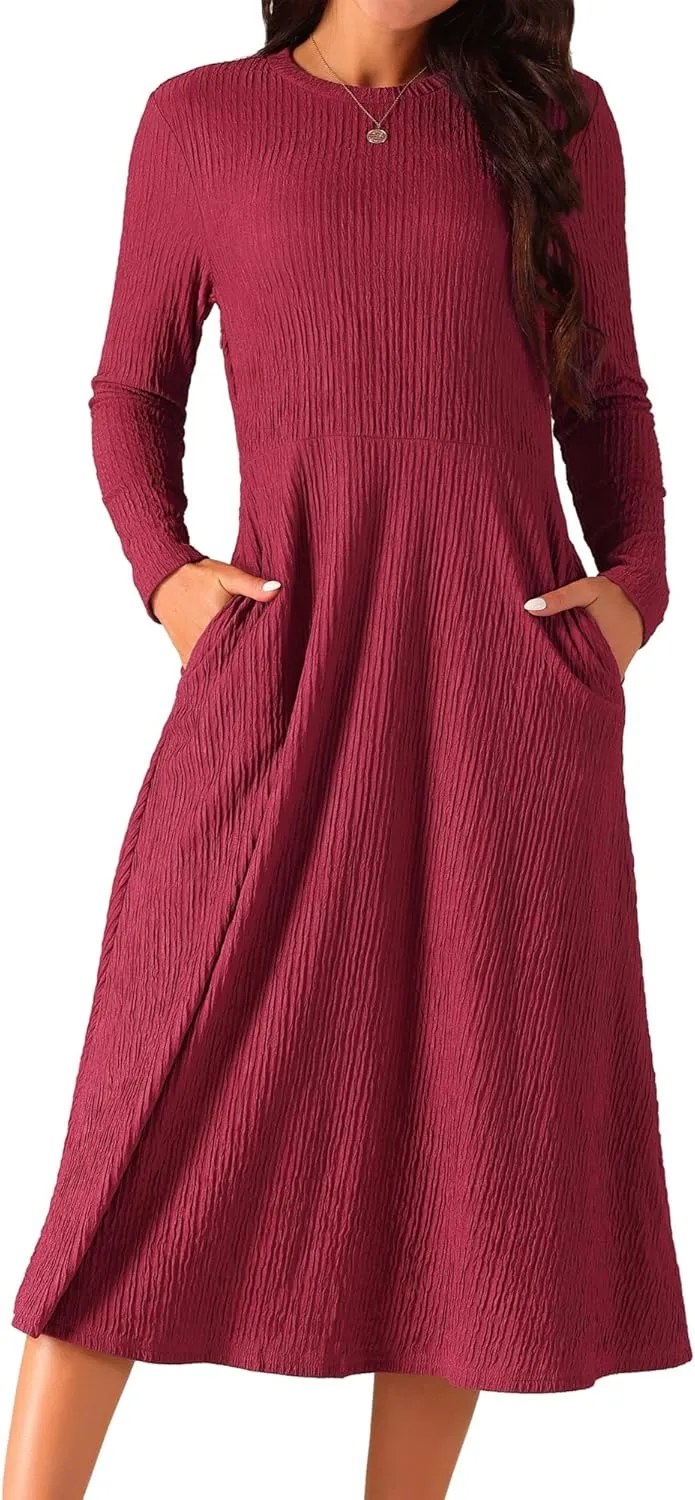 Seta T Women's Fall Dresses Long Sleeve Round Neck Casual Knit A-Line Midi Dress