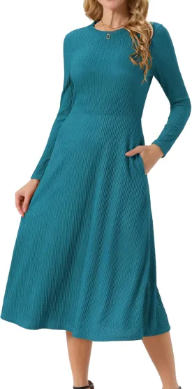 Seta T Women's Fall Dresses Long Sleeve Round Neck Casual Knit A-Line Midi Dress