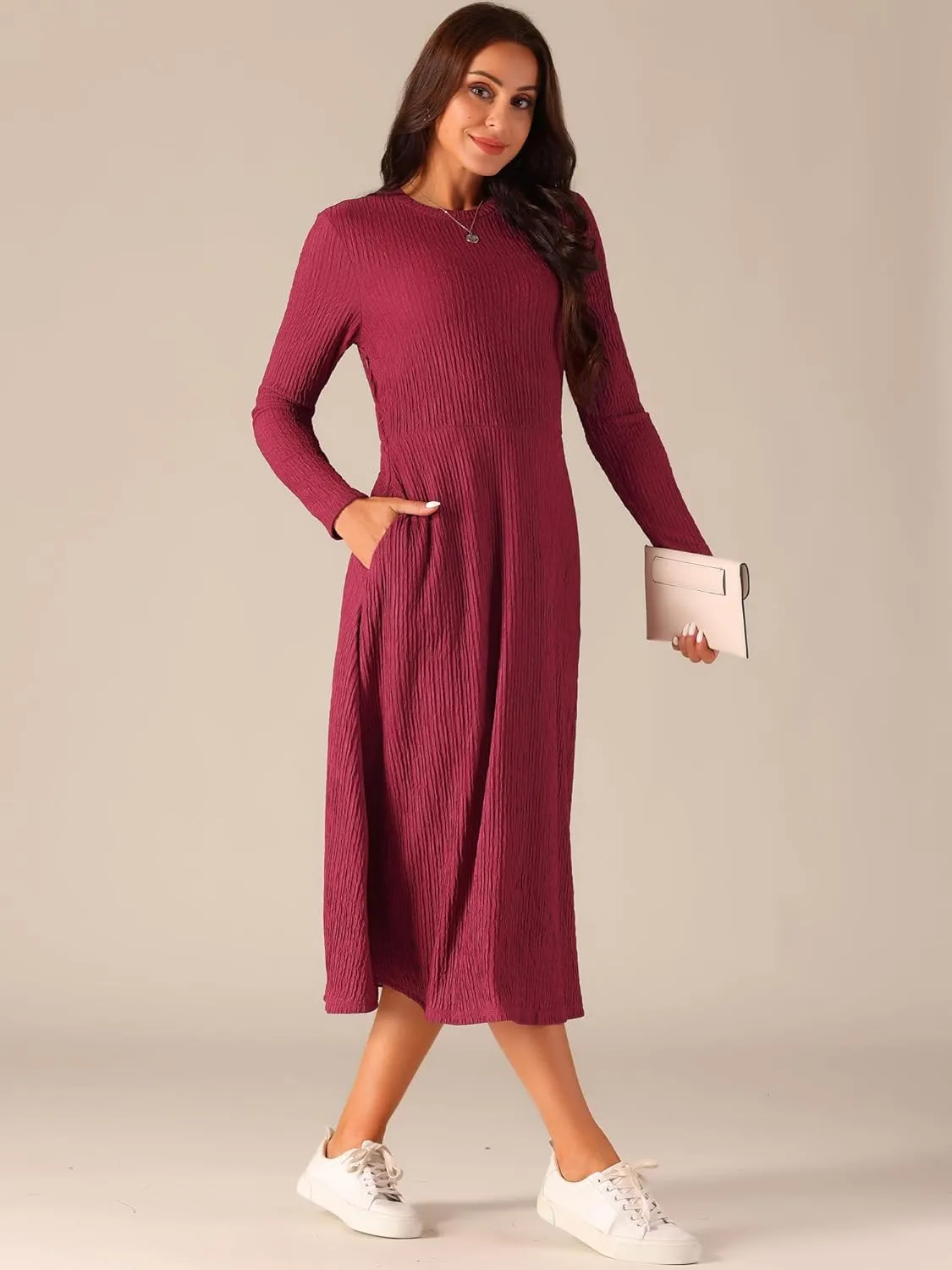 Seta T Women's Fall Dresses Long Sleeve Round Neck Casual Knit A-Line Midi Dress