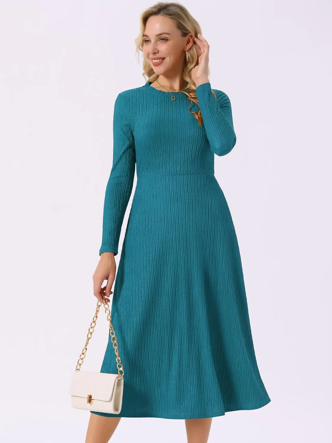 Seta T Women's Fall Dresses Long Sleeve Round Neck Casual Knit A-Line Midi Dress