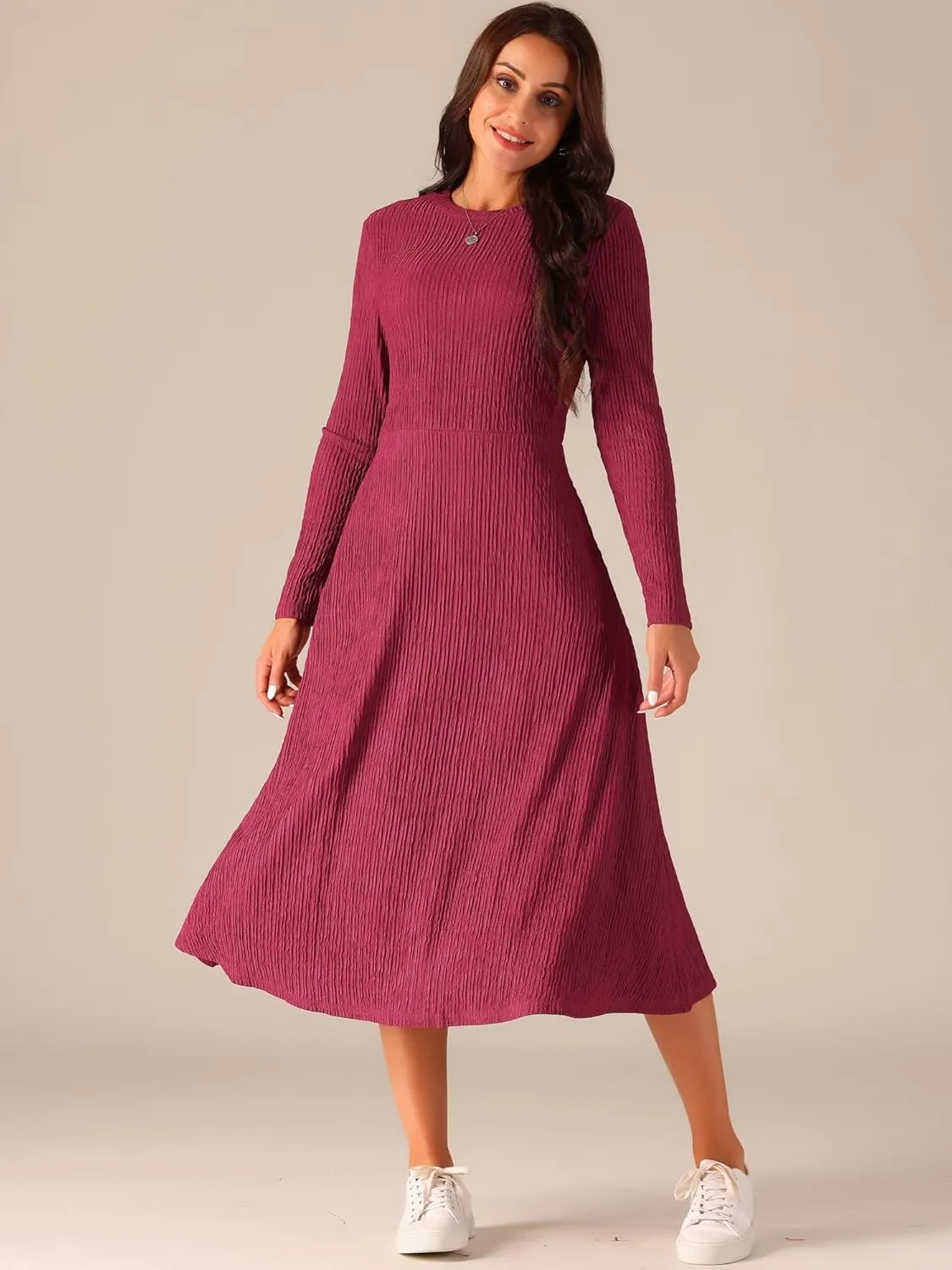 Seta T Women's Fall Dresses Long Sleeve Round Neck Casual Knit A-Line Midi Dress