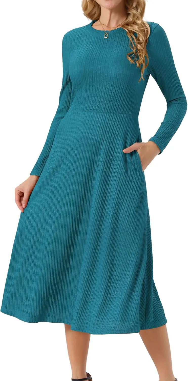 Seta T Women's Fall Dresses Long Sleeve Round Neck Casual Knit A-Line Midi Dress
