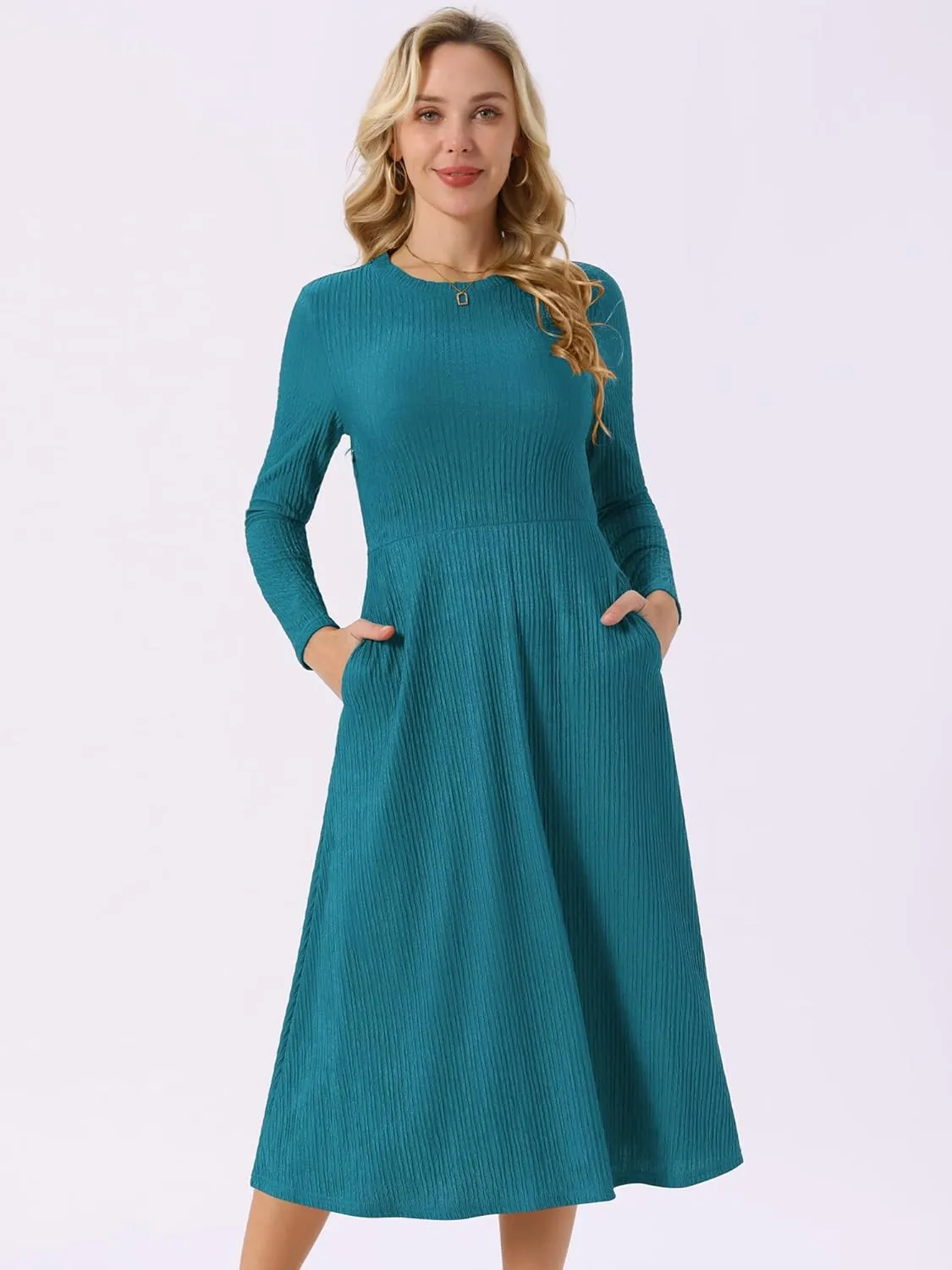 Seta T Women's Fall Dresses Long Sleeve Round Neck Casual Knit A-Line Midi Dress