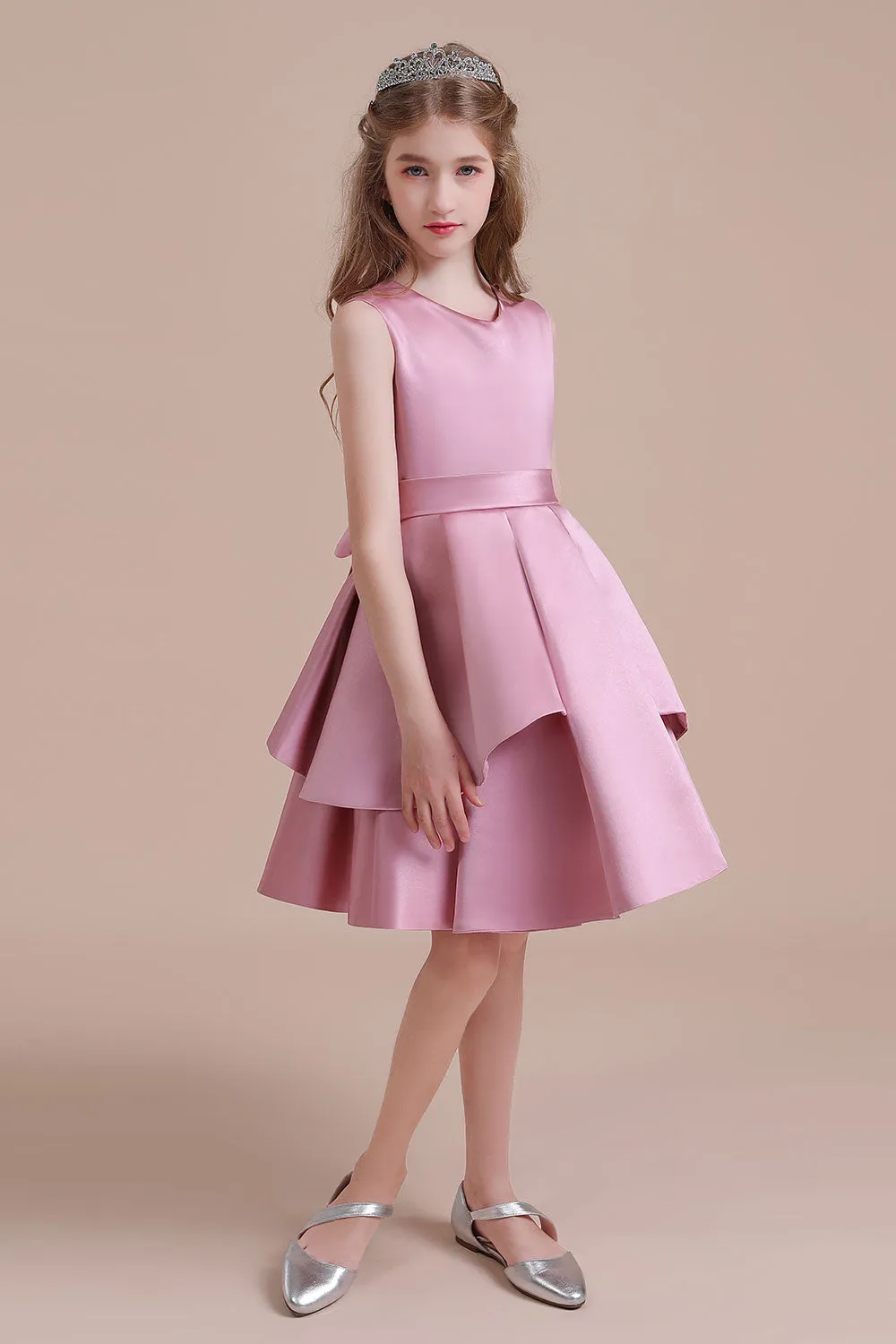 Sleeveless Satin Knee Length Princess Flower Girl Dress for Wedding