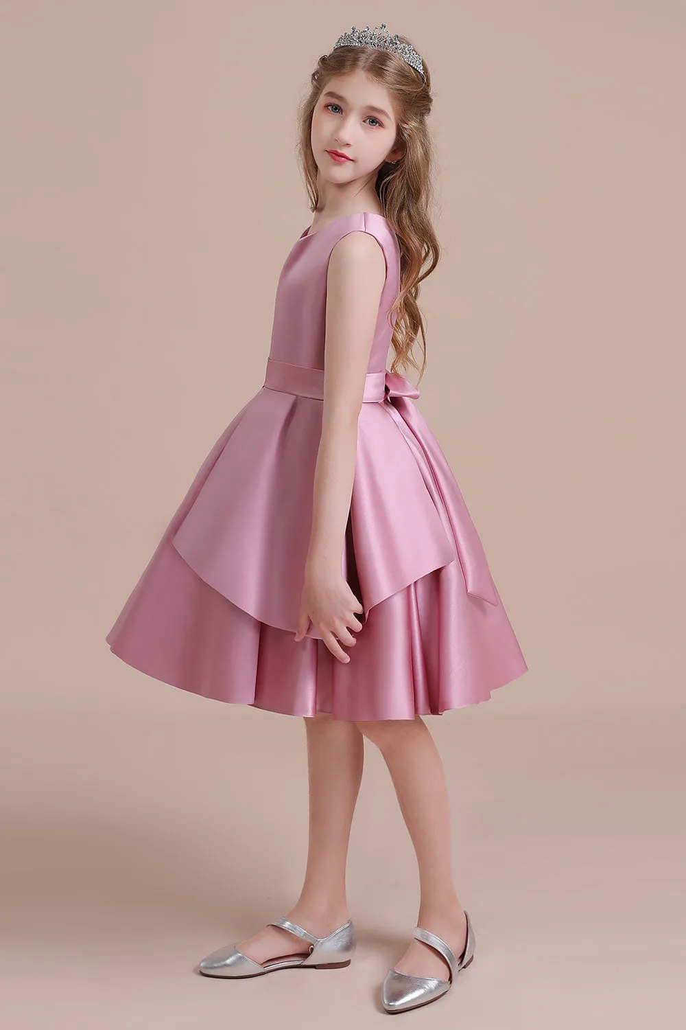 Sleeveless Satin Knee Length Princess Flower Girl Dress for Wedding