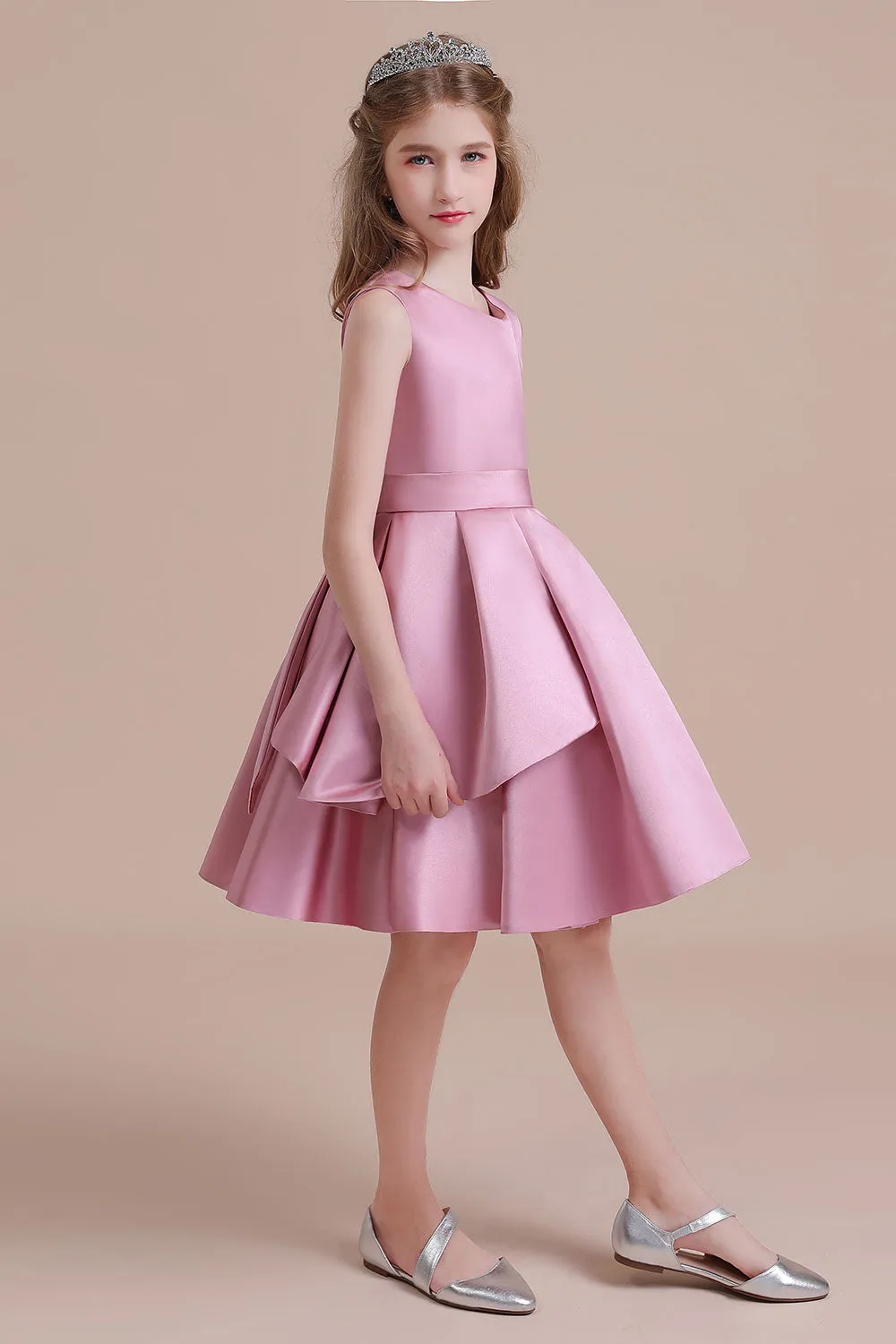 Sleeveless Satin Knee Length Princess Flower Girl Dress for Wedding