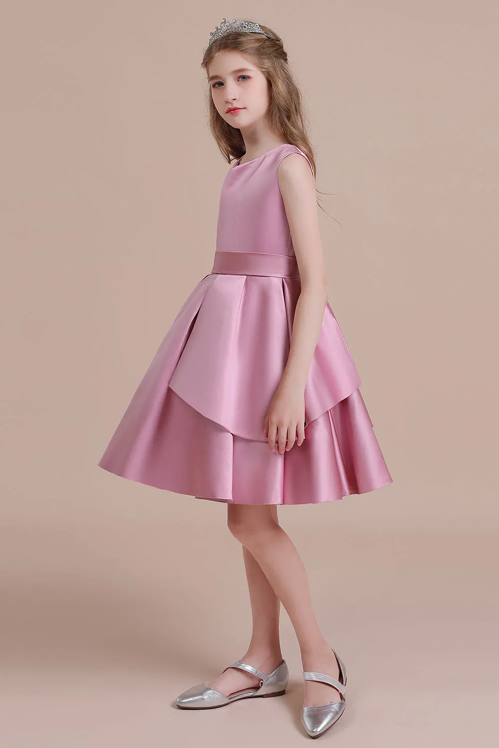 Sleeveless Satin Knee Length Princess Flower Girl Dress for Wedding