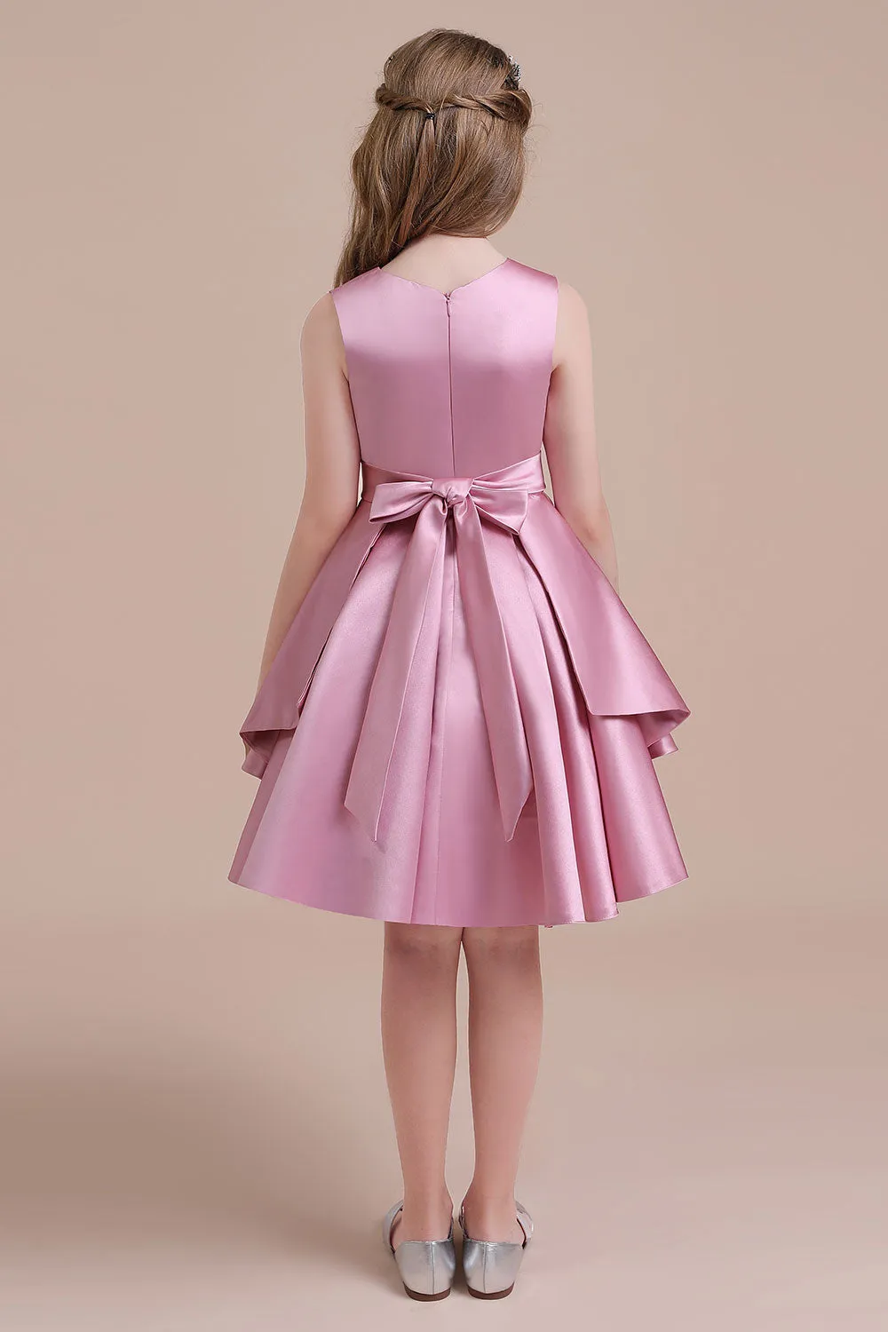 Sleeveless Satin Knee Length Princess Flower Girl Dress for Wedding