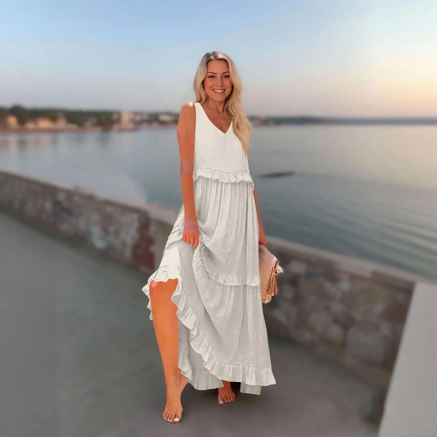Smocked Dress Women Summer Sleeveless Tank Dresses Halter Tie Back Flowy Ruffle Tiered Maxi Dress with Pockets