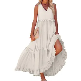 Smocked Dress Women Summer Sleeveless Tank Dresses Halter Tie Back Flowy Ruffle Tiered Maxi Dress with Pockets