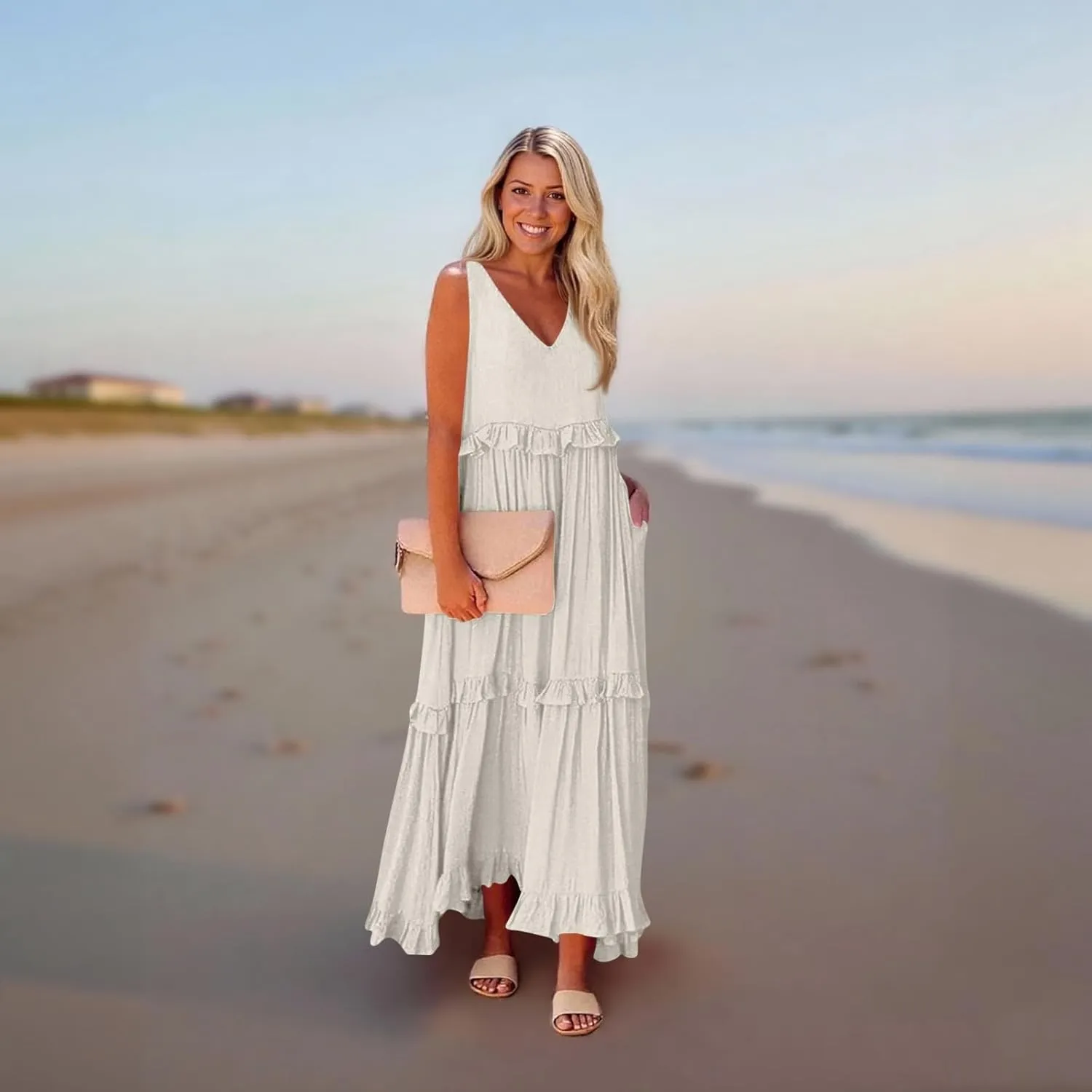 Smocked Dress Women Summer Sleeveless Tank Dresses Halter Tie Back Flowy Ruffle Tiered Maxi Dress with Pockets