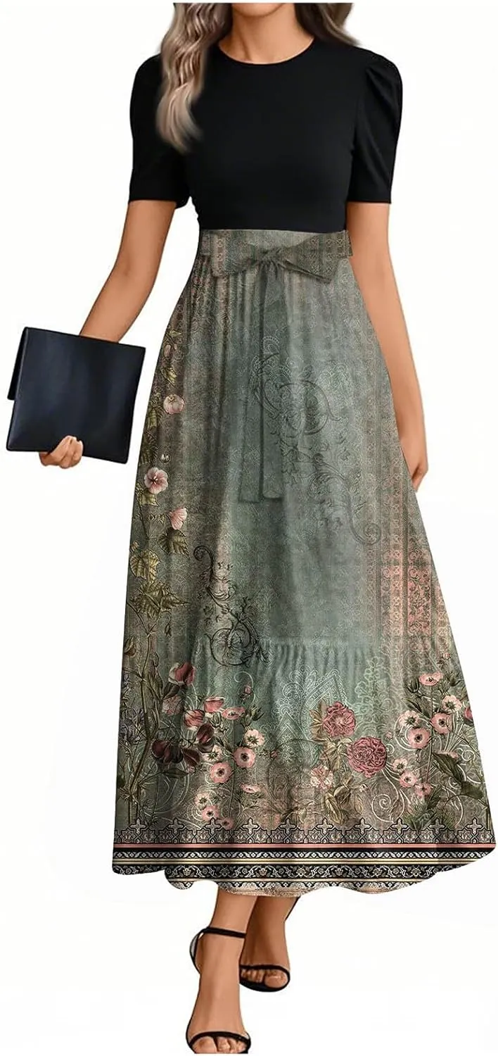 Spring Dresses for Women Short Sleeve Summer Dresses Elegant Church Dress Trendy Floral Long Dress with Belt