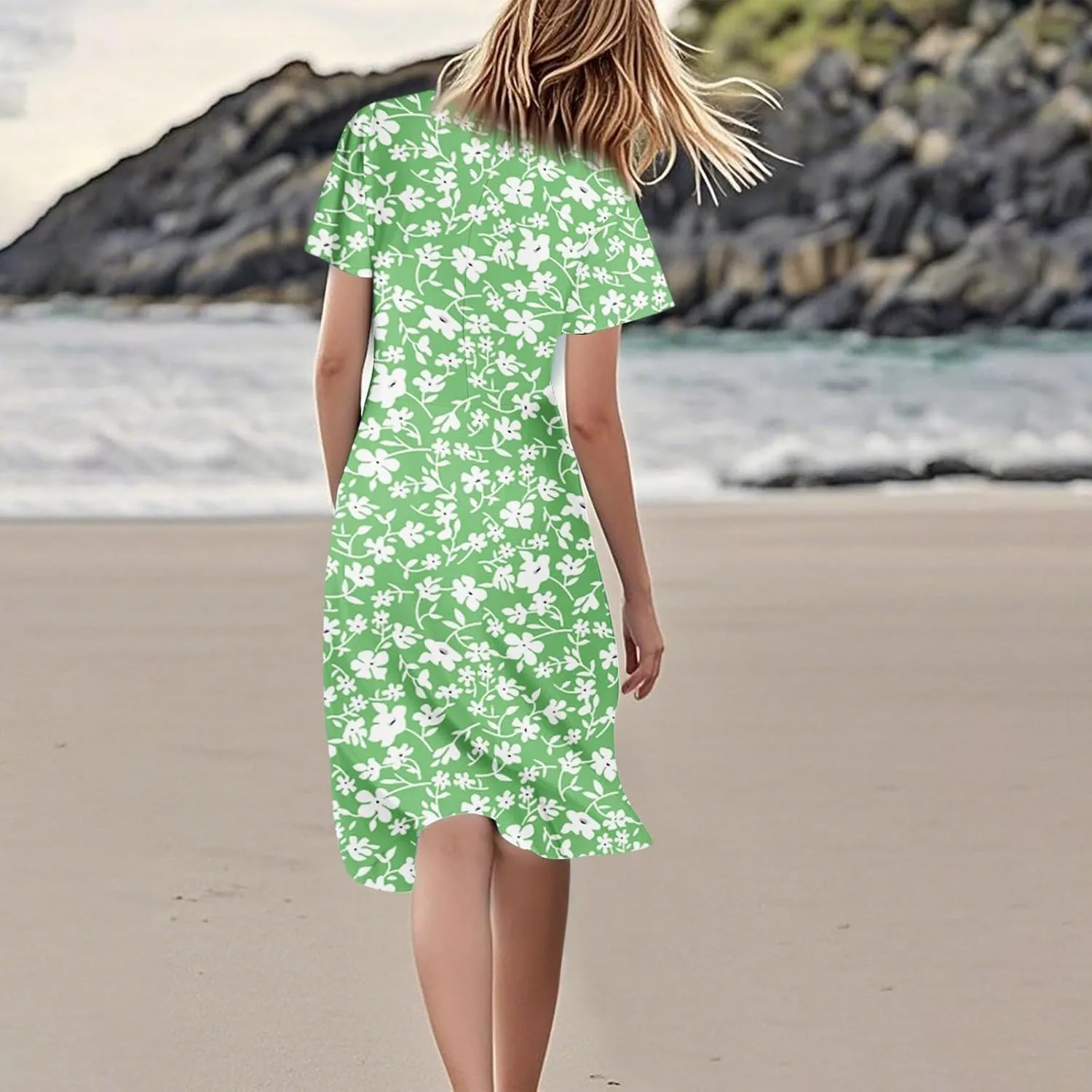 Sundresses for Women 2025 Boho Cocktail Date Night Dresses Knee Length V Neck Short Sleeve Floral Dress