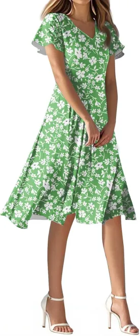 Sundresses for Women 2025 Boho Cocktail Date Night Dresses Knee Length V Neck Short Sleeve Floral Dress