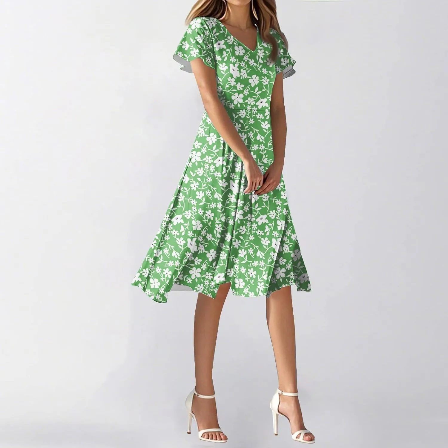 Sundresses for Women 2025 Boho Cocktail Date Night Dresses Knee Length V Neck Short Sleeve Floral Dress
