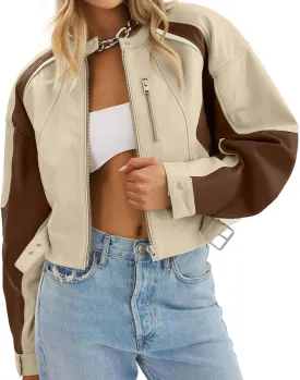 Tankaneo Womens Faux Leather Bomber Jackets Cropped Zip Up Color Block Fall Casual Moto Biker Coats