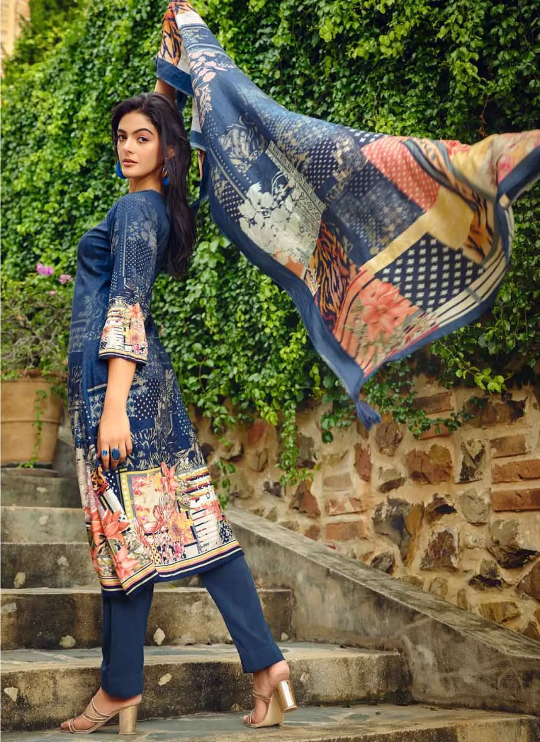 Unstitched Blue Pashmina Winter Suit Fabric Dress Material for Women