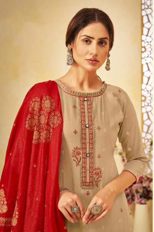 Unstitched Lawn Beige Cotton Pant Style Suit Dress Material With Dupatta
