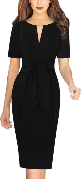 VFSHOW Womens Front Zipper Tie Waist Bow Belted Slim Wear to Work Business Office Bodycon Pencil Dress