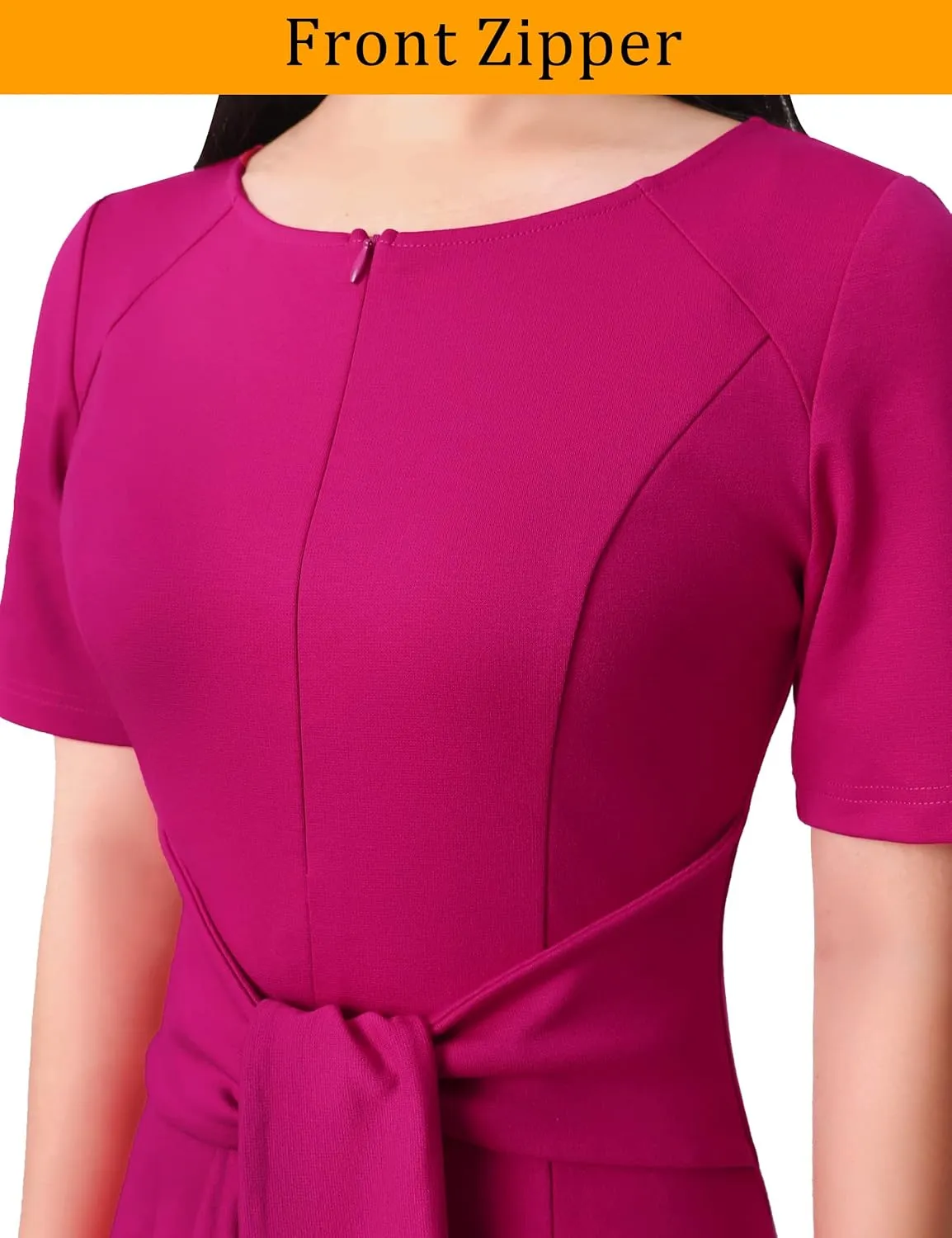 VFSHOW Womens Front Zipper Tie Waist Bow Belted Slim Wear to Work Business Office Bodycon Pencil Dress