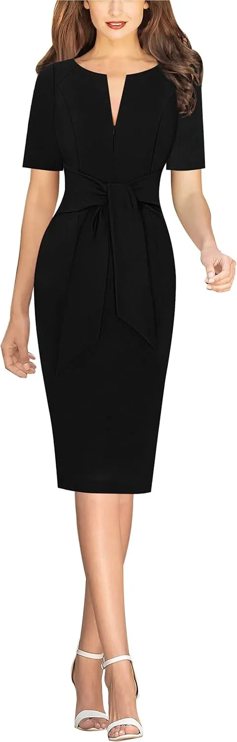 VFSHOW Womens Front Zipper Tie Waist Bow Belted Slim Wear to Work Business Office Bodycon Pencil Dress