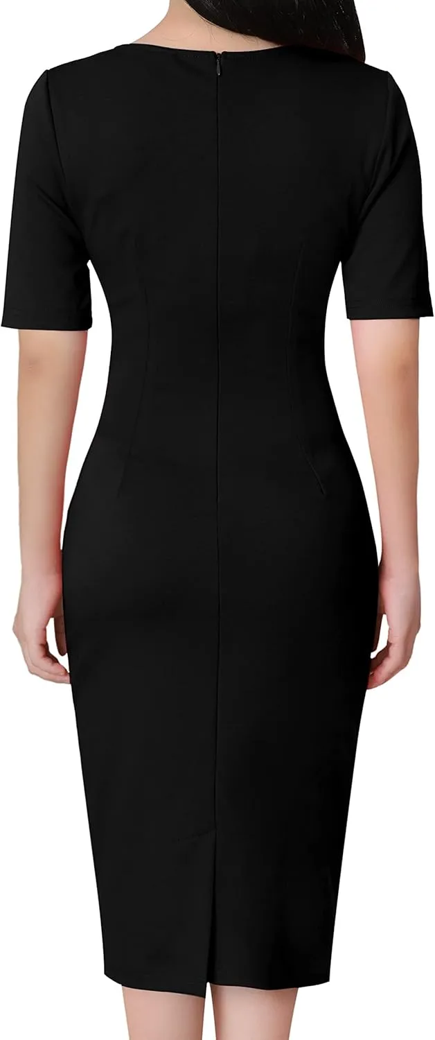 VFSHOW Womens Front Zipper Tie Waist Bow Belted Slim Wear to Work Business Office Bodycon Pencil Dress