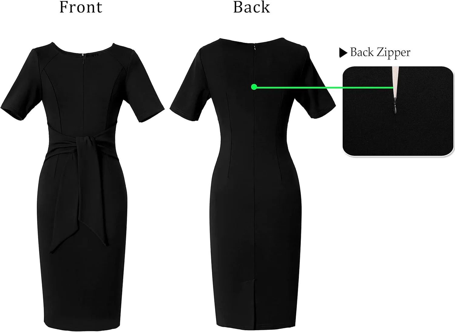 VFSHOW Womens Front Zipper Tie Waist Bow Belted Slim Wear to Work Business Office Bodycon Pencil Dress