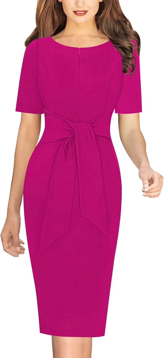 VFSHOW Womens Front Zipper Tie Waist Bow Belted Slim Wear to Work Business Office Bodycon Pencil Dress