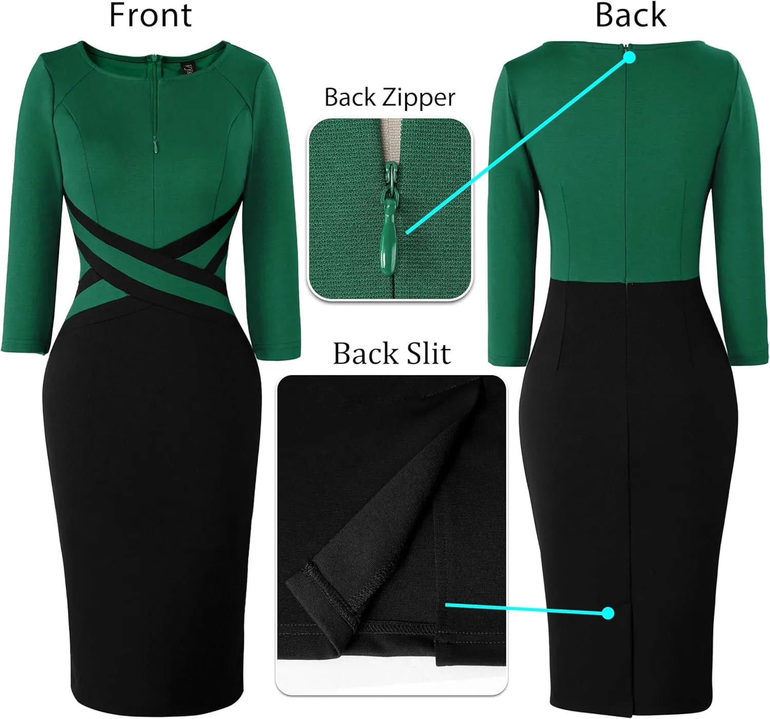 VFSHOW Womens Wear to Work Slim Colorblock Crisscross Waist Front Zipper Business Party Office Bodycon Pencil Sheath Dress