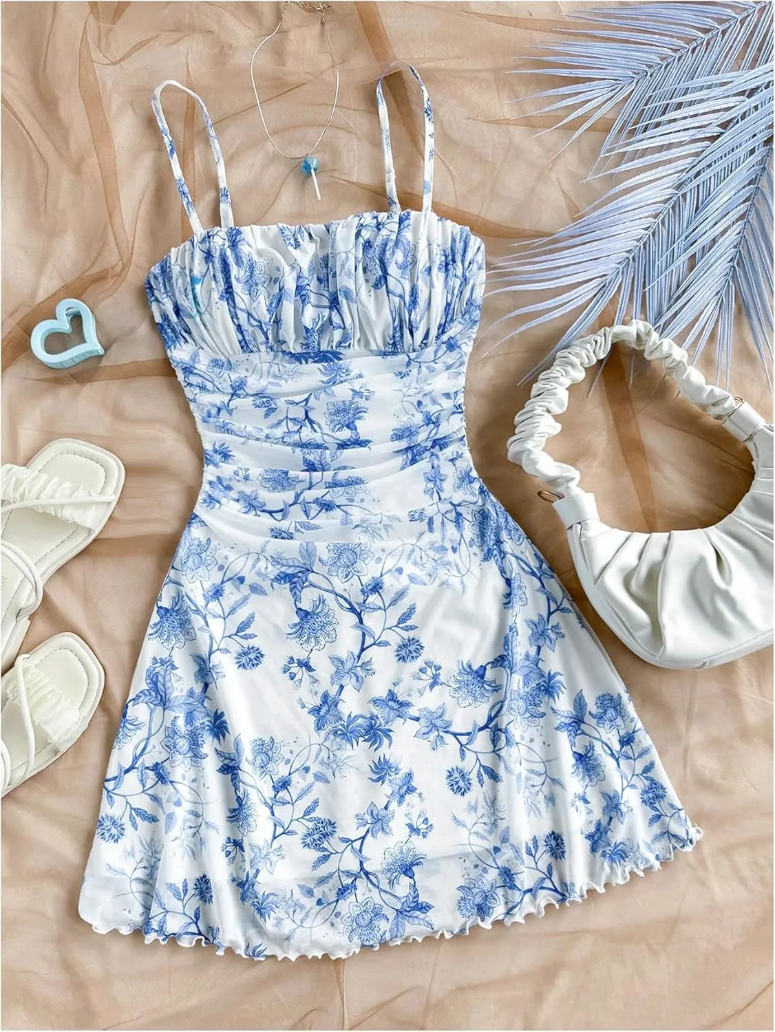 WDIRARA Women's Floral Print Ruched Cami Dress Spaghetti Strap Ruffle Hem A Line Dress