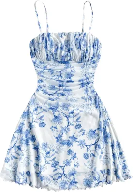WDIRARA Women's Floral Print Ruched Cami Dress Spaghetti Strap Ruffle Hem A Line Dress