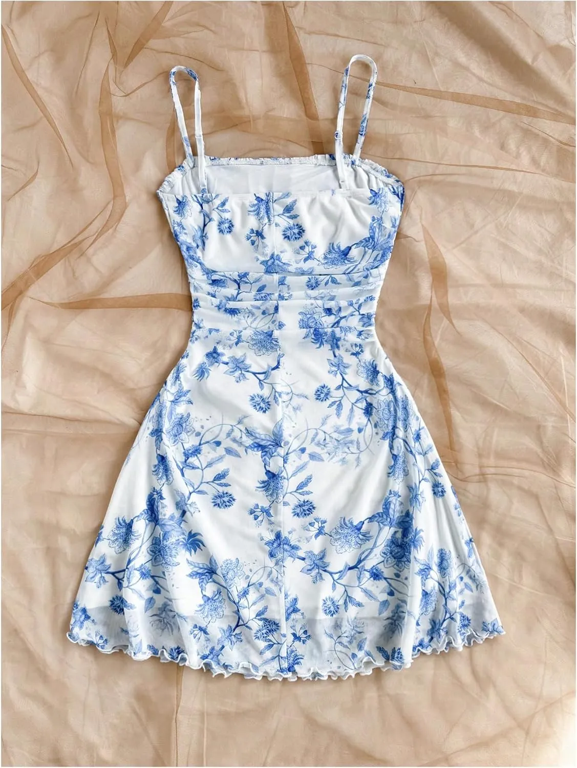 WDIRARA Women's Floral Print Ruched Cami Dress Spaghetti Strap Ruffle Hem A Line Dress