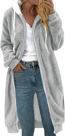 Winter Coats For Women,Women'S Solid Fleece Long Hooded Jacket Fuzzy Zipper Sherpa Outerwear Fall Clothes