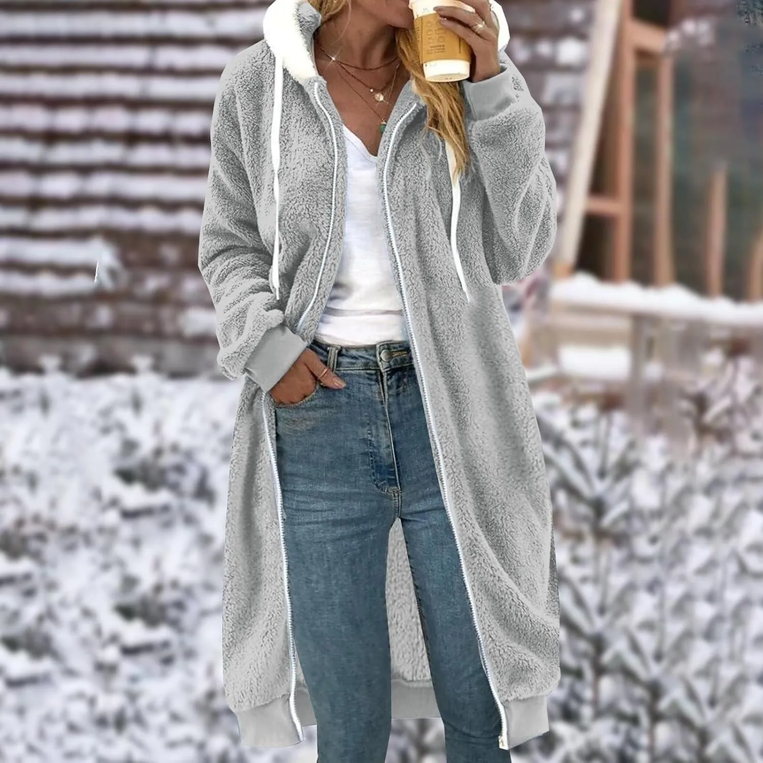 Winter Coats For Women,Women'S Solid Fleece Long Hooded Jacket Fuzzy Zipper Sherpa Outerwear Fall Clothes