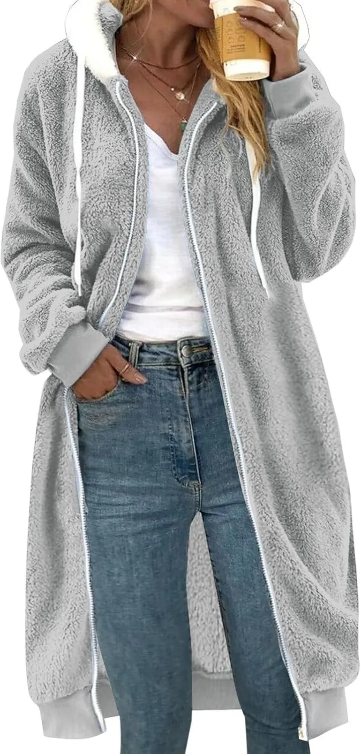 Winter Coats For Women,Women'S Solid Fleece Long Hooded Jacket Fuzzy Zipper Sherpa Outerwear Fall Clothes