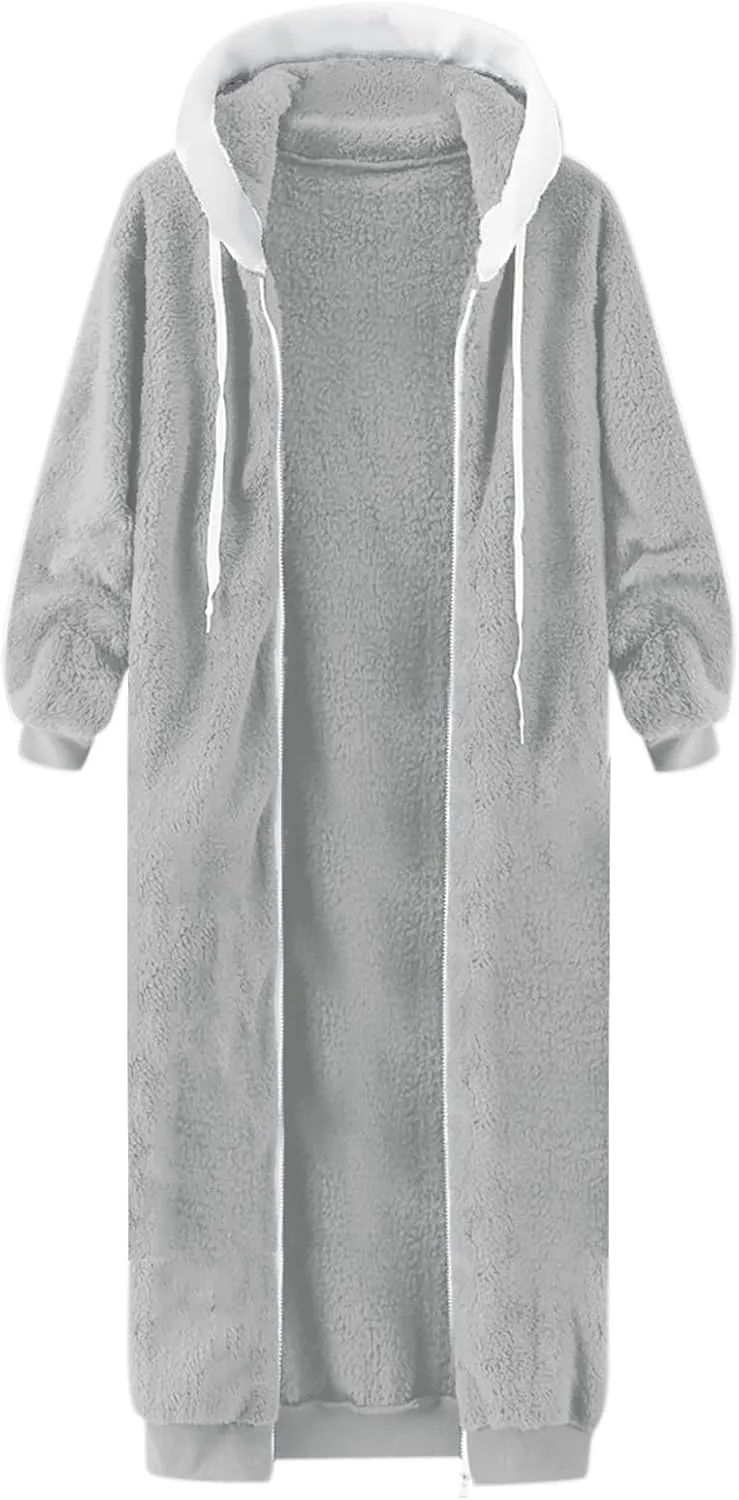 Winter Coats For Women,Women'S Solid Fleece Long Hooded Jacket Fuzzy Zipper Sherpa Outerwear Fall Clothes