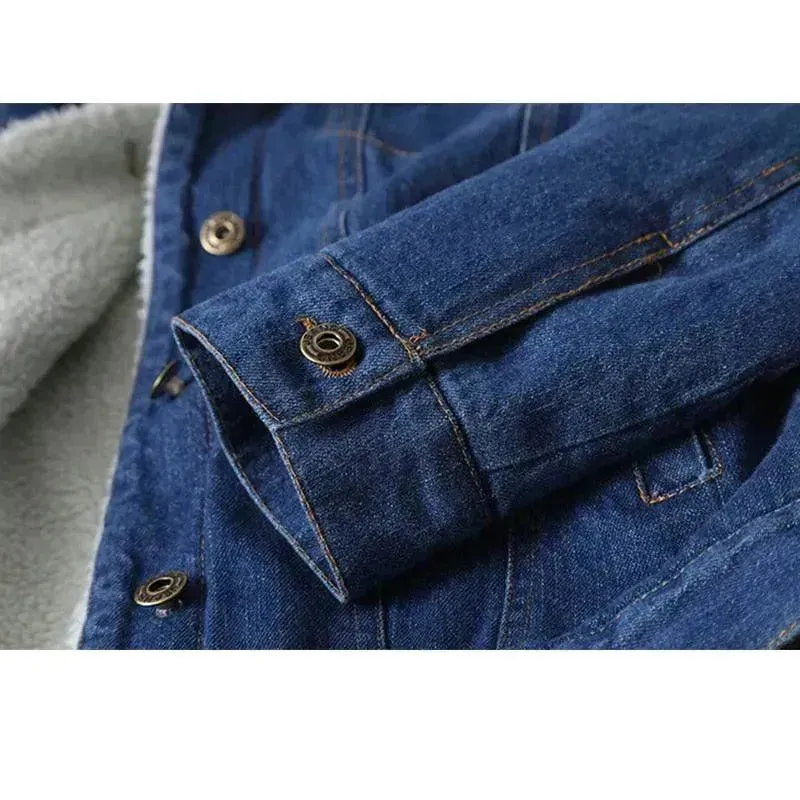 Women Lambswool With 4 Pockets Long Sleeves Denim Jacket