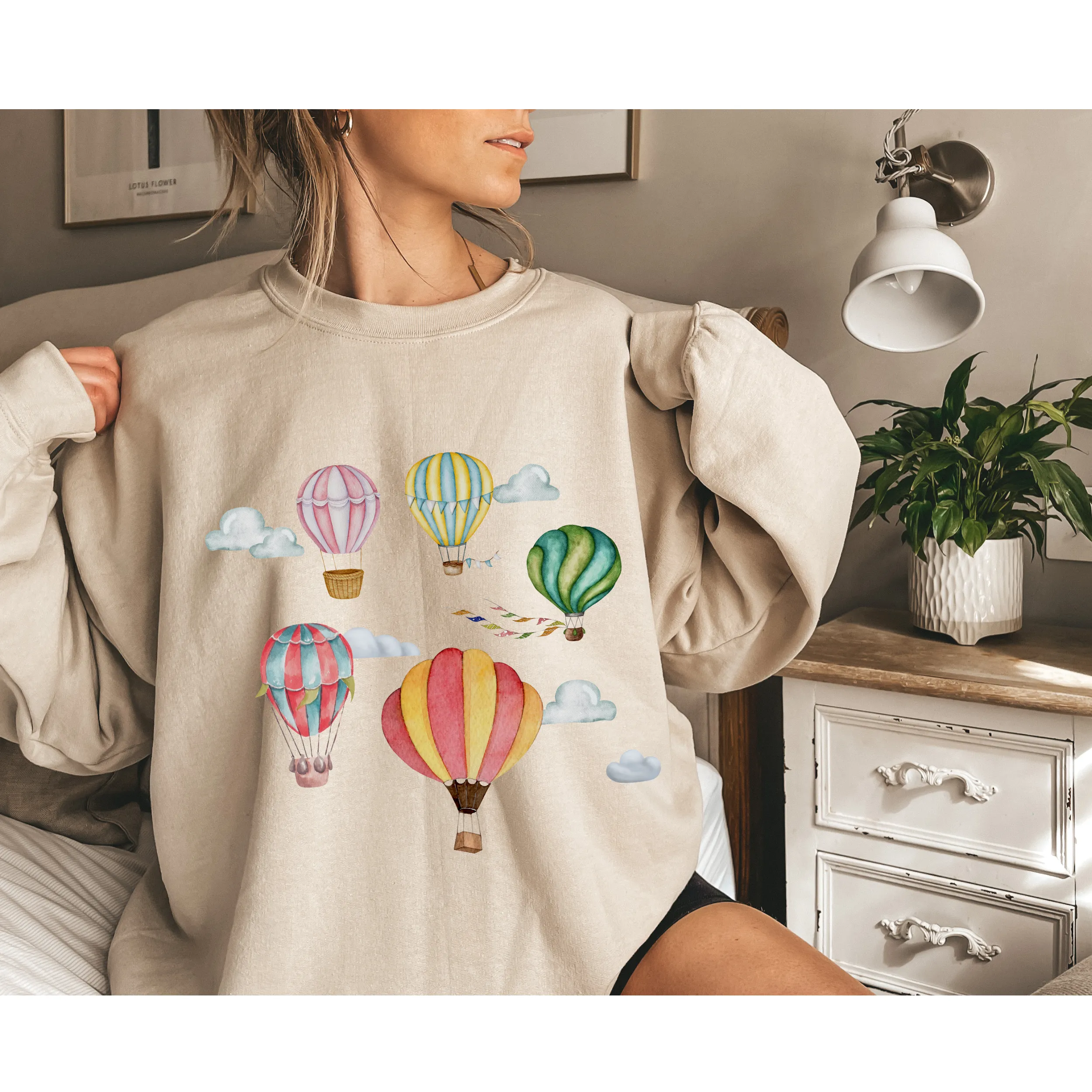 Women's Beautiful Watercolor Hot Air Balloons Unisex Crewneck Sweatshirt Hot Air Balloon Festival Pullover in White, Sand, Ash, Blue or Pink