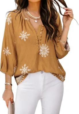 Womens Blouses Dressy Casual V Neck 3/4 Sleeve Tops Fashion Boho Chiffon Button Down Shirts