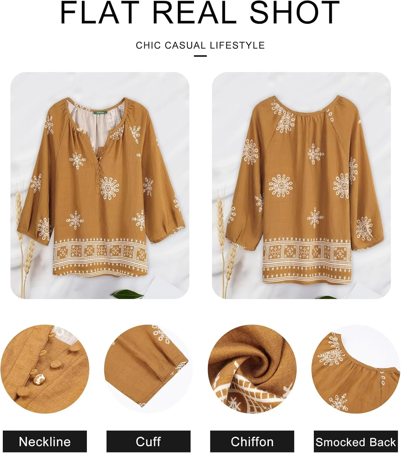 Womens Blouses Dressy Casual V Neck 3/4 Sleeve Tops Fashion Boho Chiffon Button Down Shirts