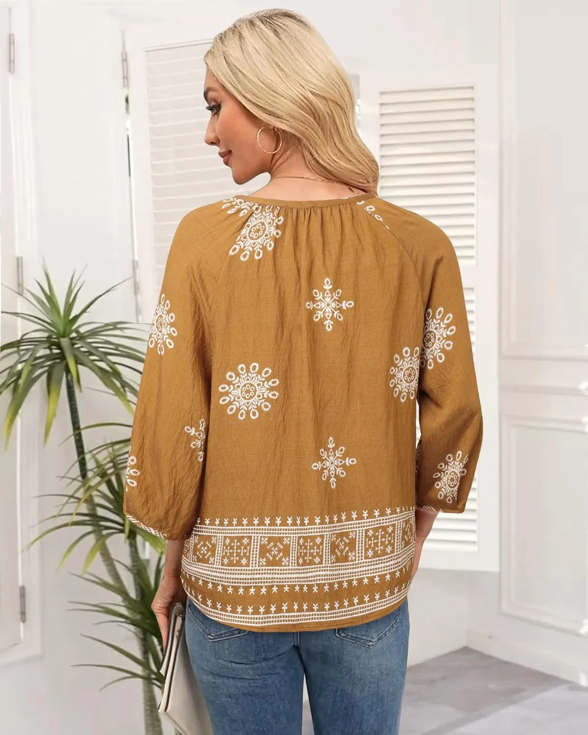 Womens Blouses Dressy Casual V Neck 3/4 Sleeve Tops Fashion Boho Chiffon Button Down Shirts