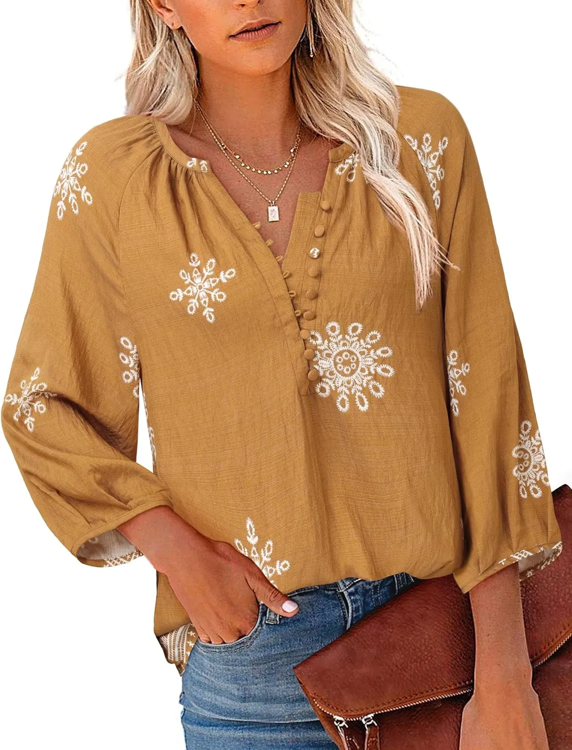 Womens Blouses Dressy Casual V Neck 3/4 Sleeve Tops Fashion Boho Chiffon Button Down Shirts