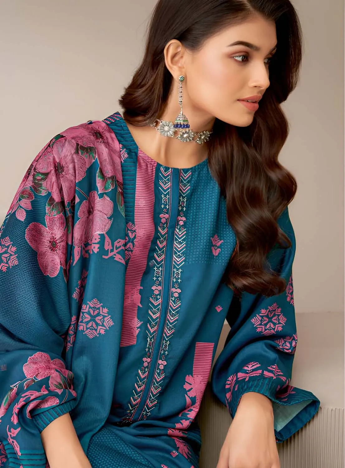 Women's Blue Pashmina Winter Suit Dress Material with Embroidery