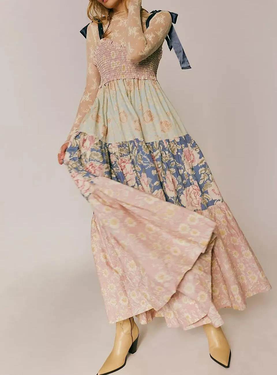Women's Boho Floral Tiered Maxi Dress Tie Shoulder Sleeveless Floral Flowy Long Smocked Dresses Summer Sundress