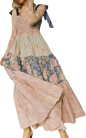Women's Boho Floral Tiered Maxi Dress Tie Shoulder Sleeveless Floral Flowy Long Smocked Dresses Summer Sundress