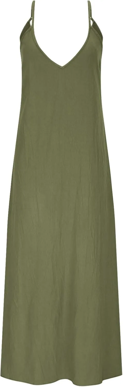 Women's Cami Dress Cotton Linen Sleeveless Maxi Dress 2025 Summer Loose Casual Dresses Plain V-Neck Spaghetti Strap Sundress