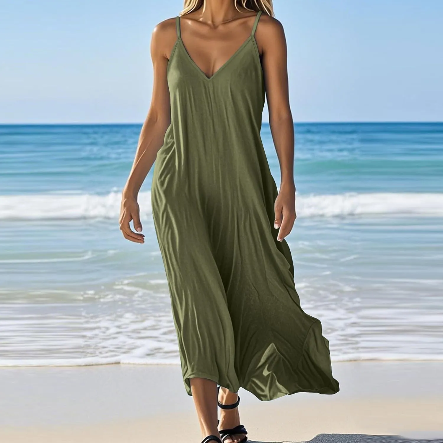 Women's Cami Dress Cotton Linen Sleeveless Maxi Dress 2025 Summer Loose Casual Dresses Plain V-Neck Spaghetti Strap Sundress