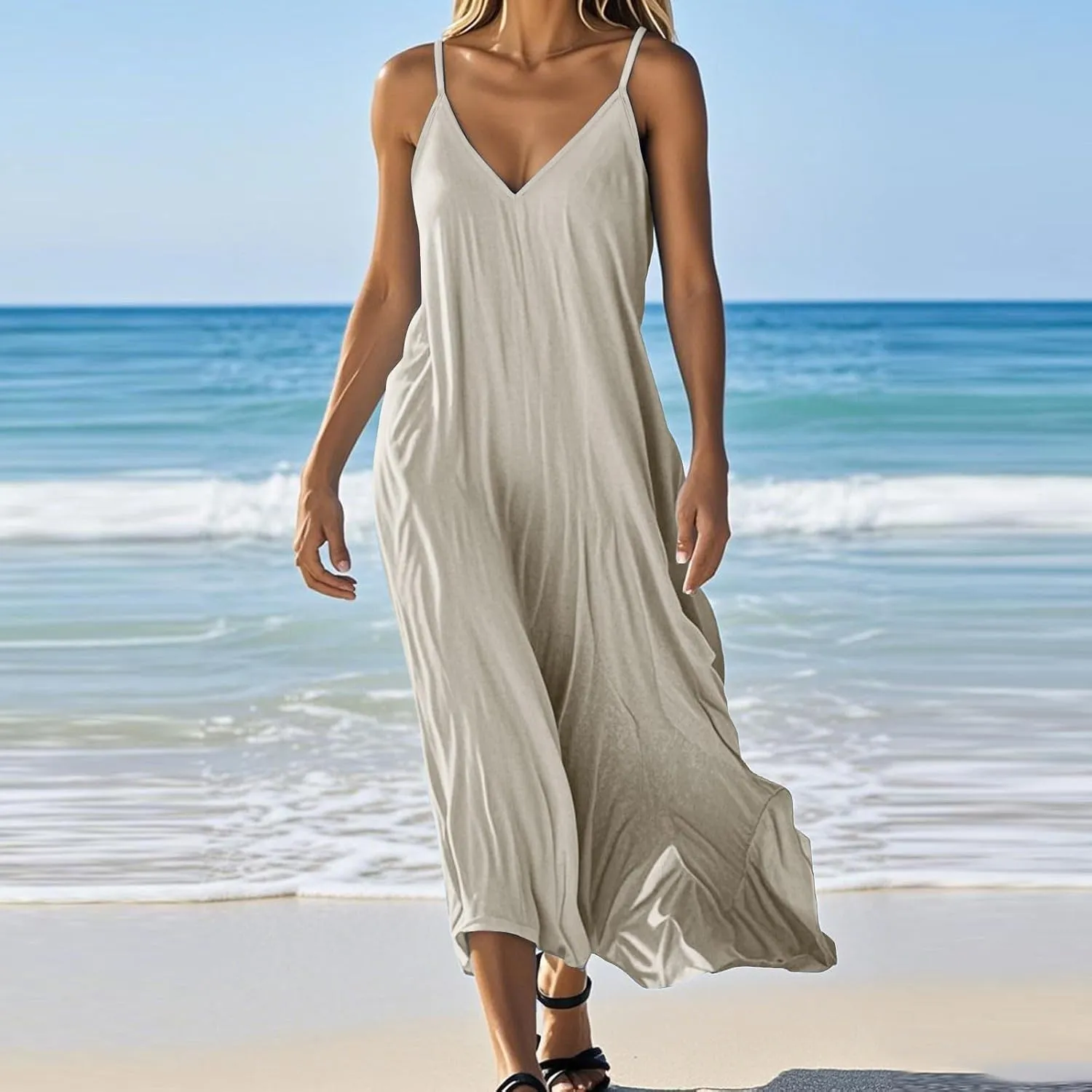 Women's Cami Dress Cotton Linen Sleeveless Maxi Dress 2025 Summer Loose Casual Dresses Plain V-Neck Spaghetti Strap Sundress