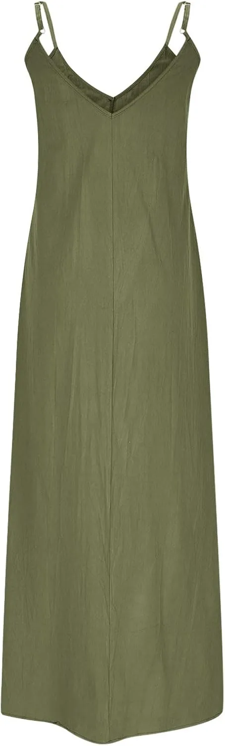 Women's Cami Dress Cotton Linen Sleeveless Maxi Dress 2025 Summer Loose Casual Dresses Plain V-Neck Spaghetti Strap Sundress