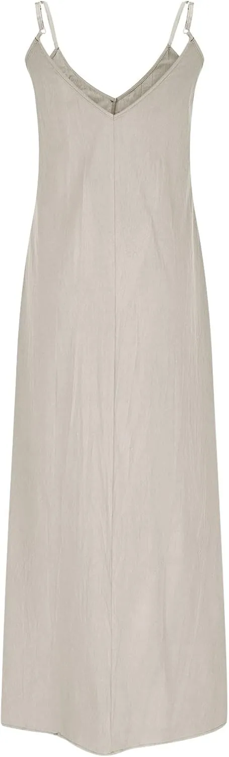 Women's Cami Dress Cotton Linen Sleeveless Maxi Dress 2025 Summer Loose Casual Dresses Plain V-Neck Spaghetti Strap Sundress